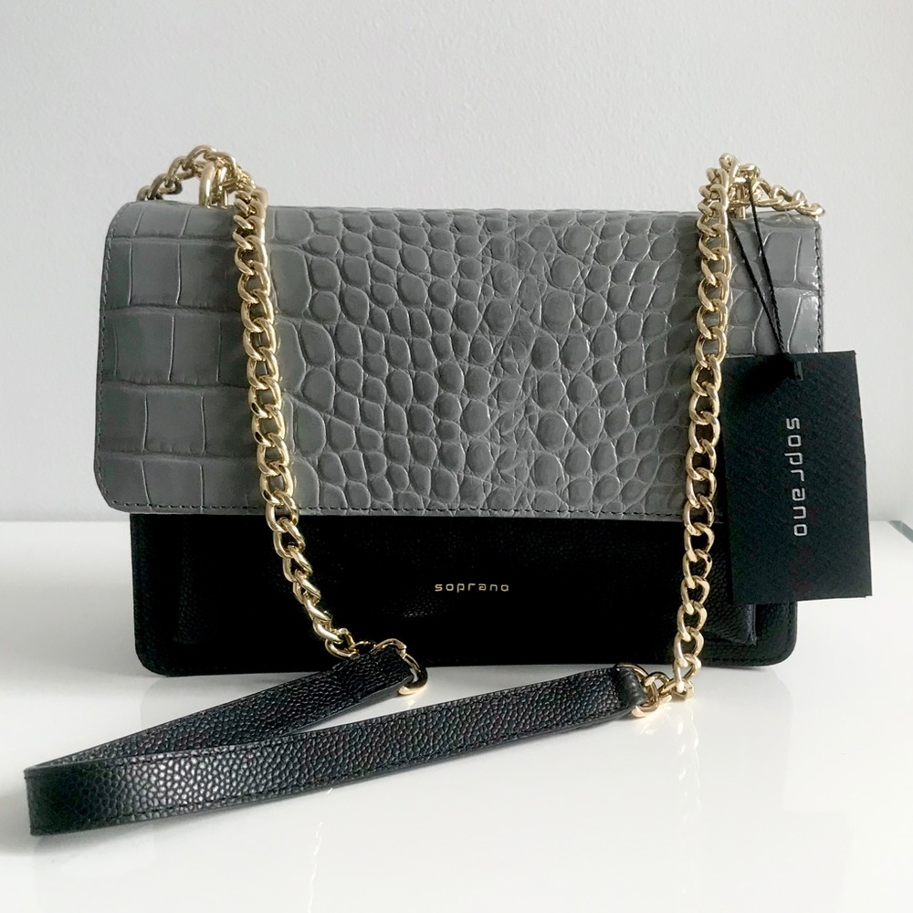 Soprano 100% Genuine Leather Black Pebble Grey Croc Flap Crossbody Bag